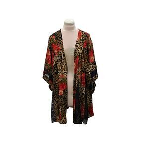 VOLCOM Leopard & Floral Print Black Lace Inserts Kimono Topper Cover Up Flowy OS